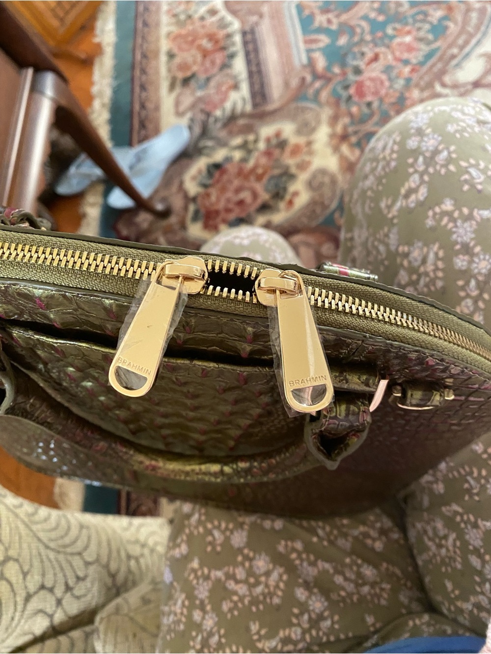 Metallic Gold and Pink Croc-Embossed Dome Satchel - Picture 5 of 6